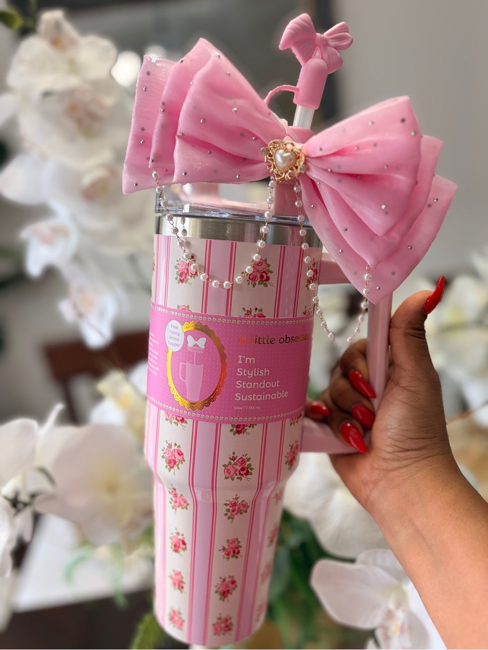 Pink Floral Stripe Travel Tumbler with Bow Lid-40oz